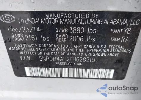 2015 Hyundai Elantra Se z USA, uszkodzony, nr VIN 5NPDH4AE2FH628519
